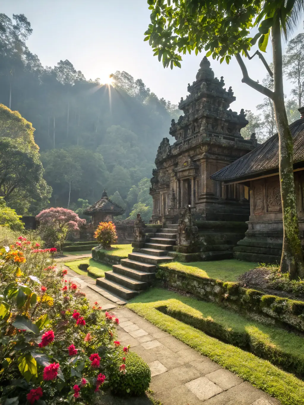 An ancient temple with intricate carvings and a golden Buddha statue, set amidst lush greenery. This image represents the Cultural Heritage Trips offered by Golden Lion Expeditions.