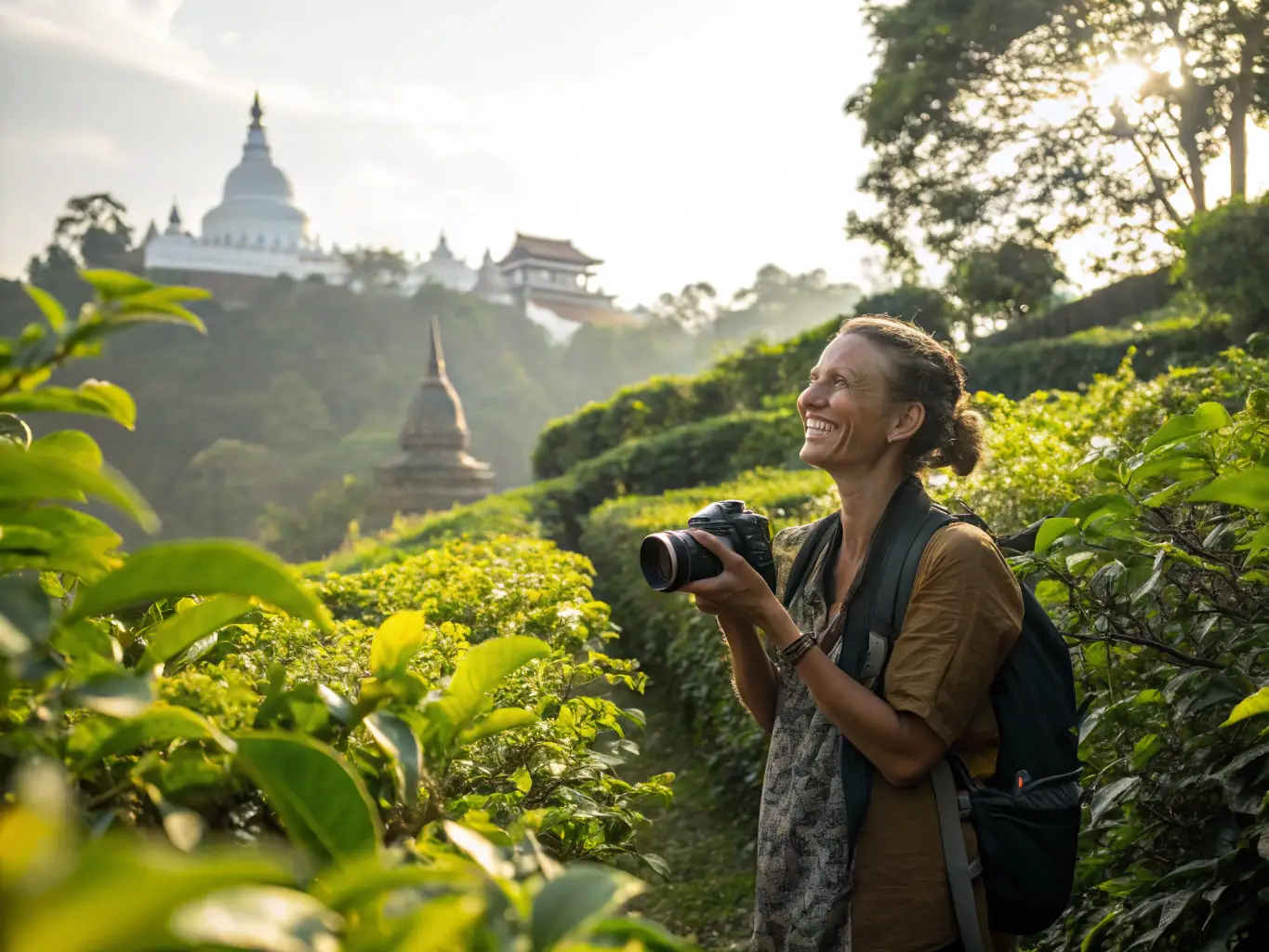 A heartwarming image of Golden Lion Expeditions tourists interacting with children at a local school in a rural Sri Lankan village. The scene should depict a cultural exchange and educational support initiative.