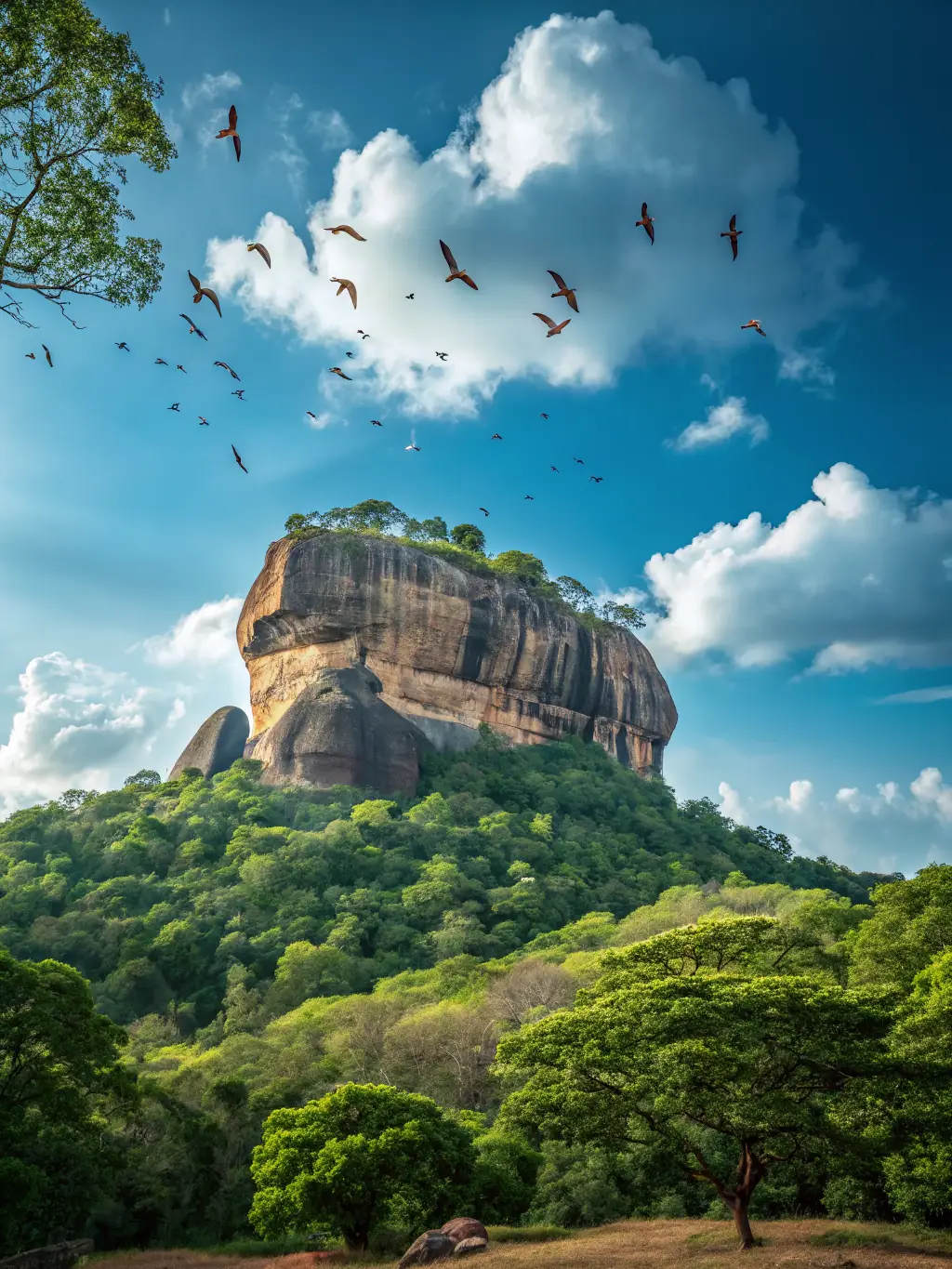 A high-quality photograph of Sigiriya, Sri Lanka, showcasing the ancient rock fortress rising dramatically from the surrounding jungle. The image should capture the historical significance and natural beauty of the location, with clear blue skies and lush greenery.