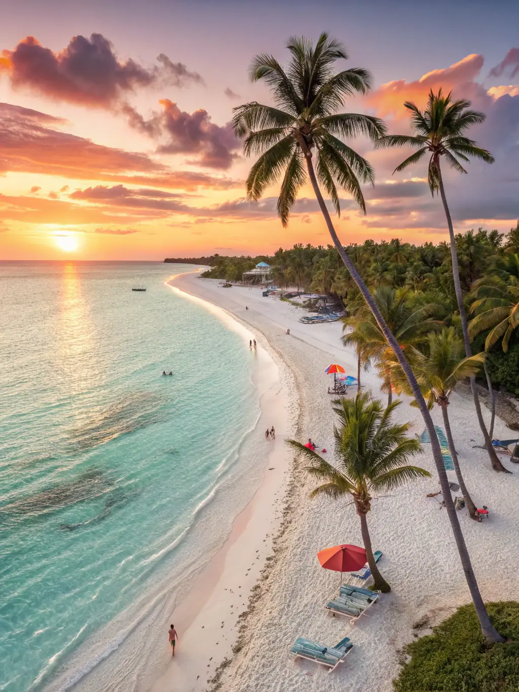 A hammock strung between two palm trees overlooking a clear blue ocean at sunset. This image represents the Beach Escapes offered by Golden Lion Expeditions.