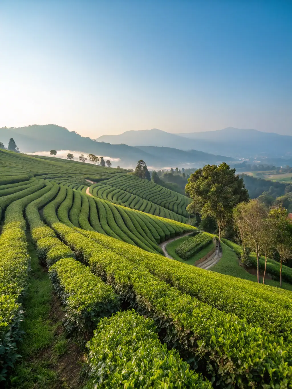 A panoramic view of lush tea plantations and misty mountains in Sri Lanka's highlands, capturing the breathtaking scenery of a highland tour.
