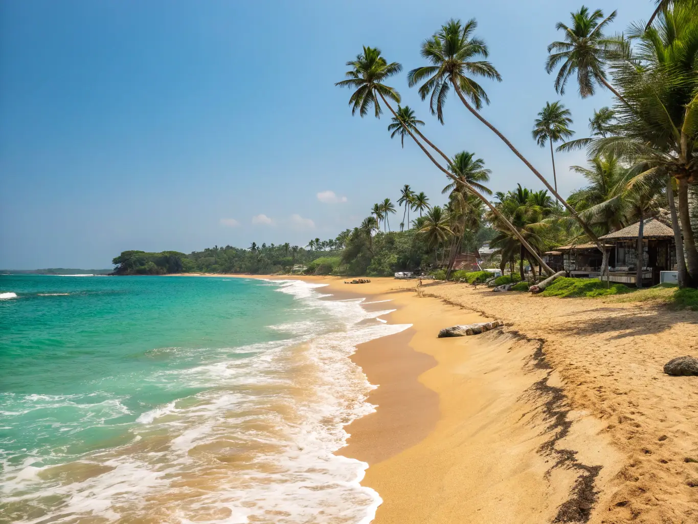 A panoramic photograph of a pristine beach in Sri Lanka, with turquoise waters, golden sand, and lush palm trees swaying in the breeze.