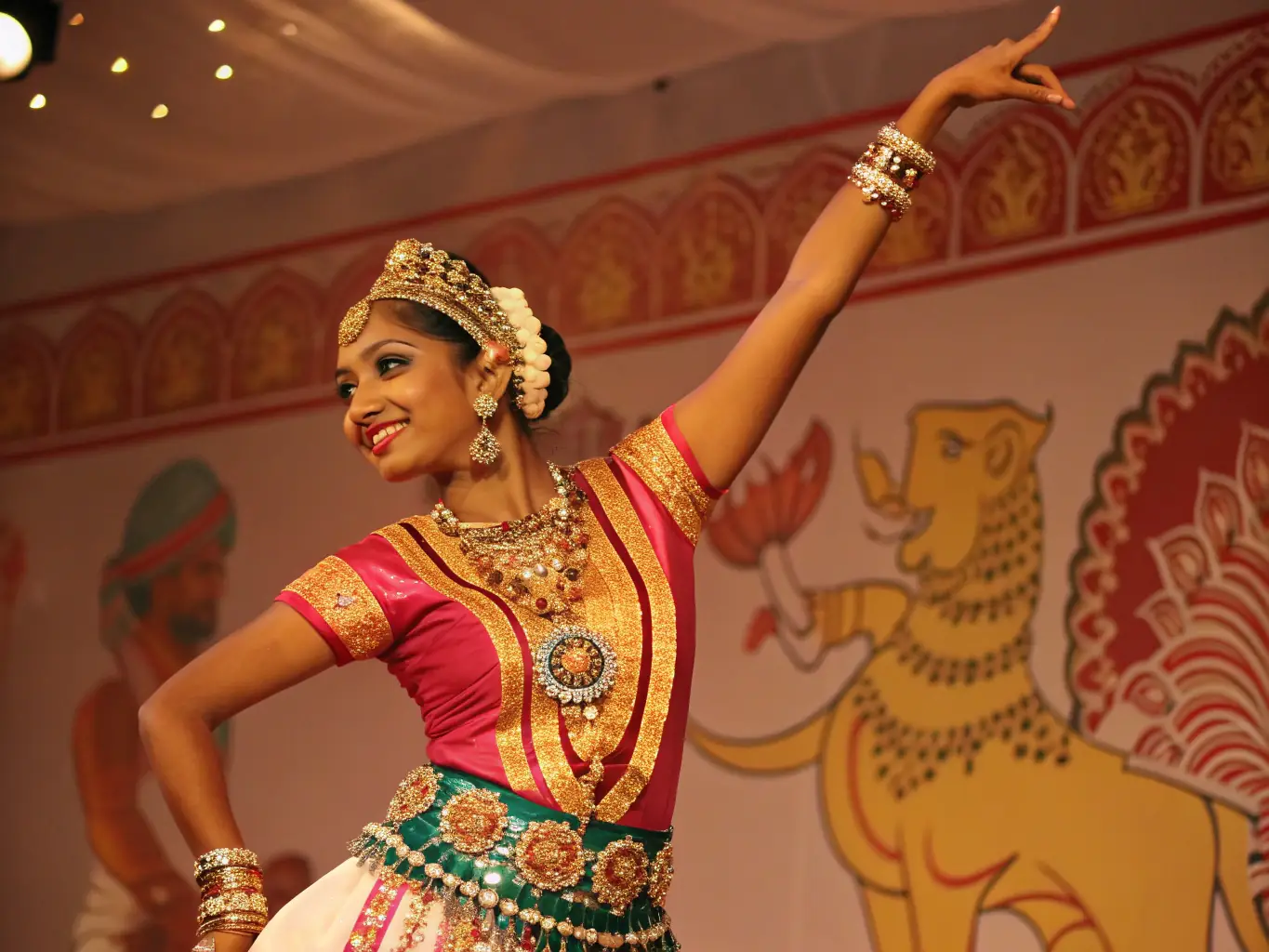 A vibrant photograph capturing a traditional Sri Lankan dance performance, showcasing colorful costumes and intricate movements, set against the backdrop of an ancient temple.