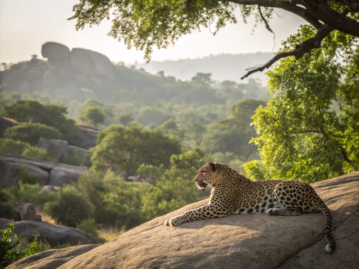 A stunning photograph of a leopard lounging on a tree branch in Yala National Park, highlighting the rich wildlife and natural beauty of Sri Lanka.